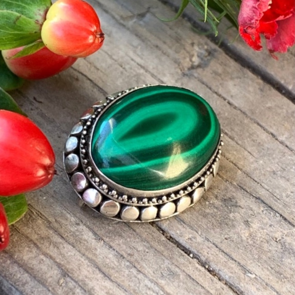 Vintage Sterling Silver Caviar Dot Malachite Pendant Pin Brooch